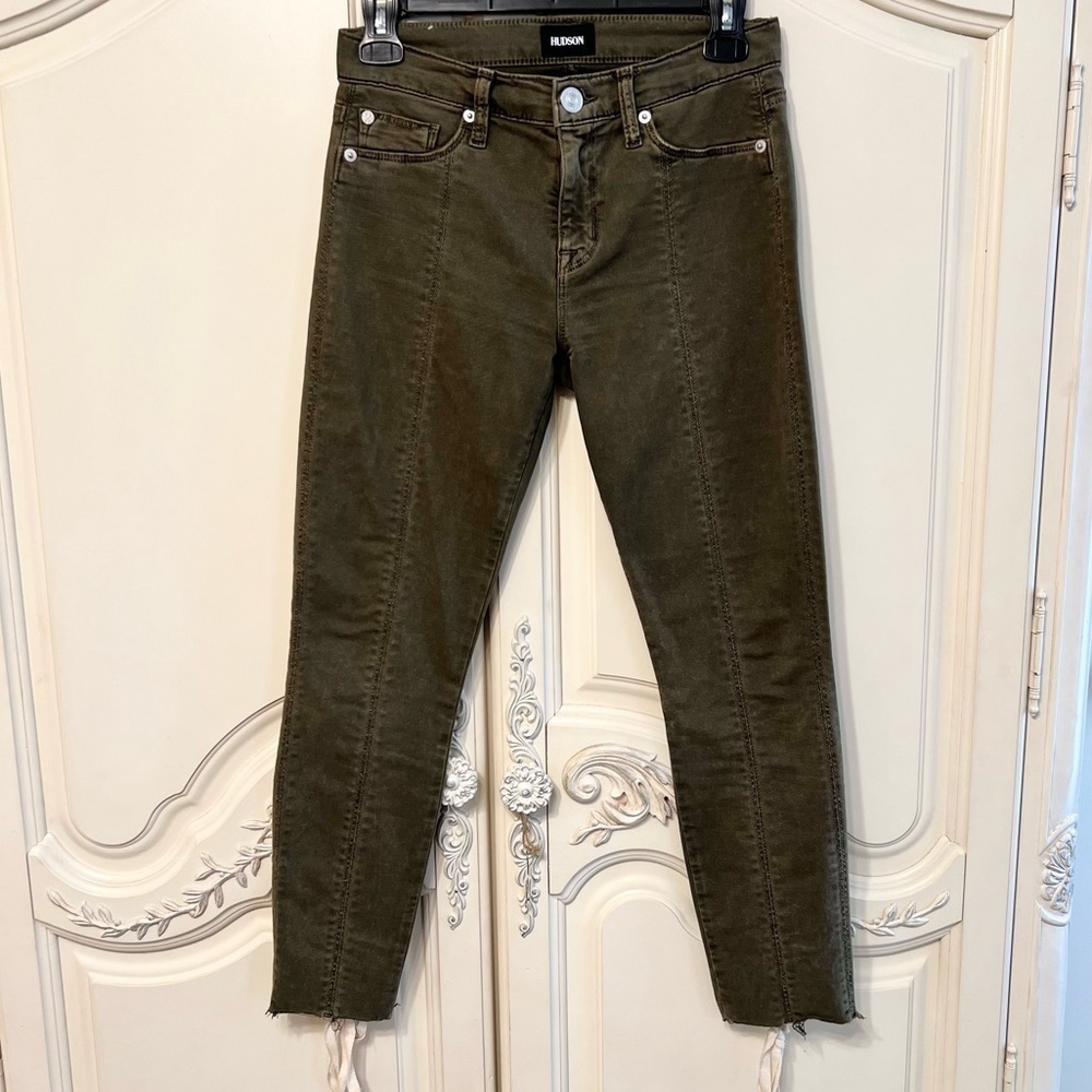 HUDSON Mid-Rise Nico Lace-Up Super Skinny Crop Jean In Olive Green Size 25